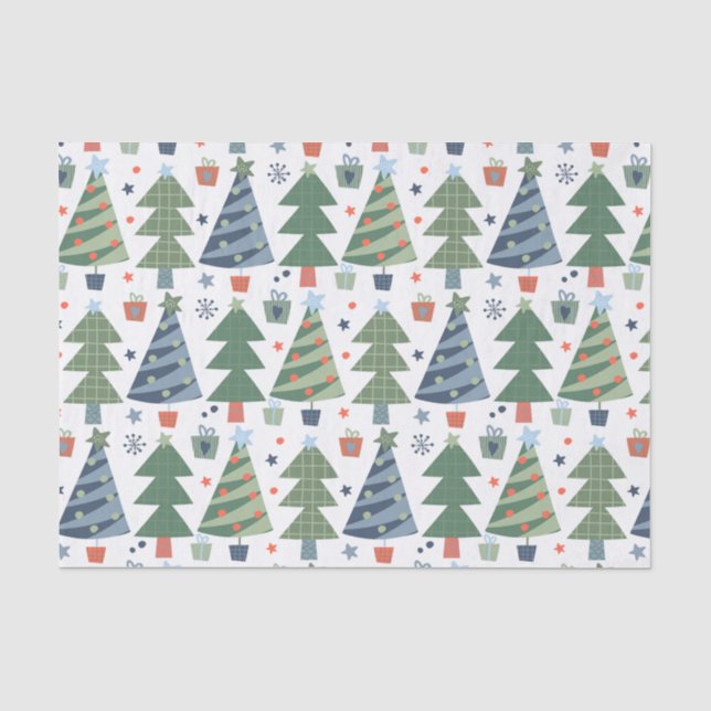 Papel De Seda Árvores de Natal Verdes Vermelhas e Azuis Festivas (Frente )