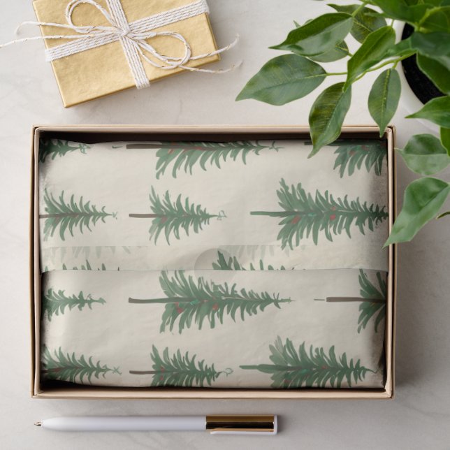 Papel De Seda Árvores de Pinheiro Bege Aguarela Natal Feriado (Presente)