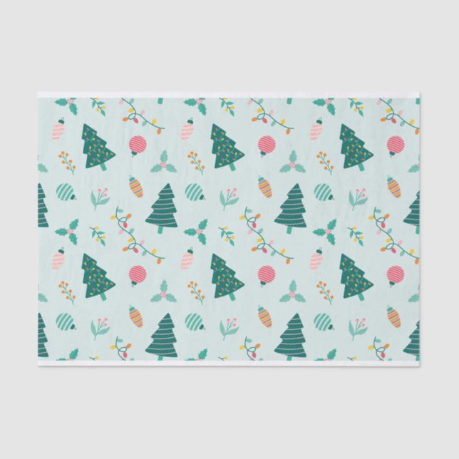 Papel De Seda Árvores e Luzes de Natal verdes e pastéis festivos (Frente )