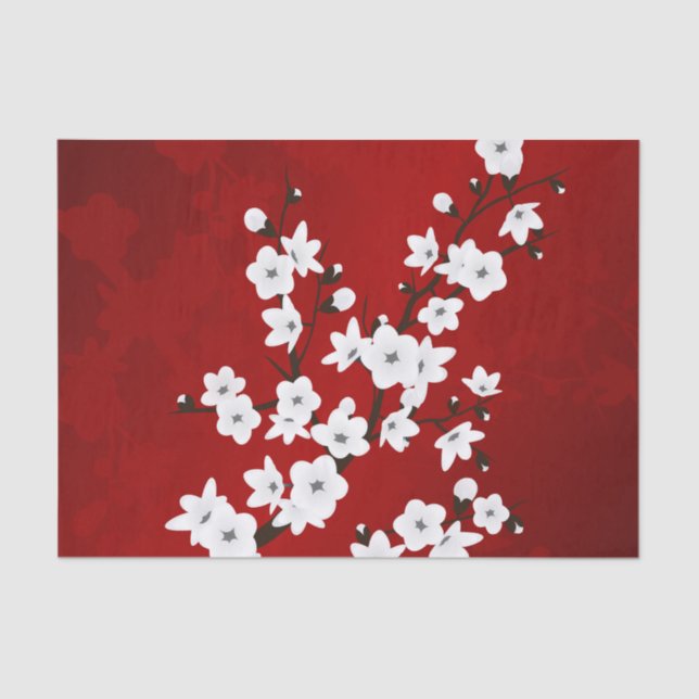 Papel De Seda Asia Floral White Chersom Red (Frente )