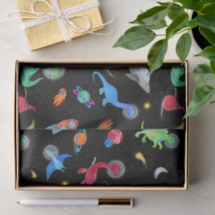 Papel De Seda Astronautas Dinossauros Aquarela No Espaço Azul