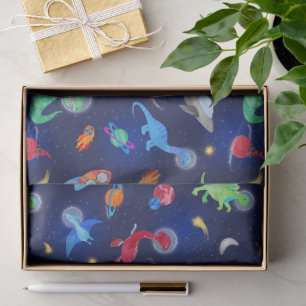 Papel De Seda Astronautas Dinossauros Aquarela No Espaço Azul