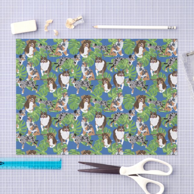 Papel De Seda Aussies Australiano Shepherd Dogs Folhas Tropicais (Arte )