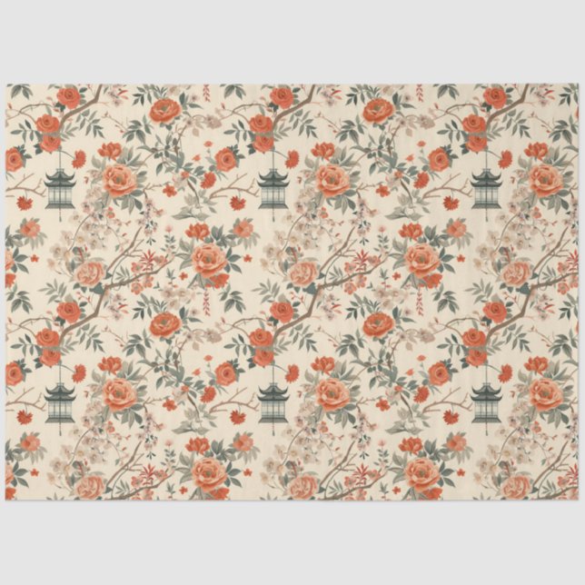 Papel De Seda Autumn Cream Orange Floral Chinoiserie (Frente )