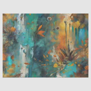 Papel De Seda Autumn Harvest Teal Rust Abstrato Dourado