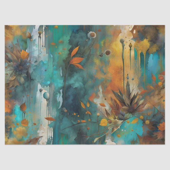 Papel De Seda Autumn Harvest Teal Rust Abstrato Dourado (Frente )