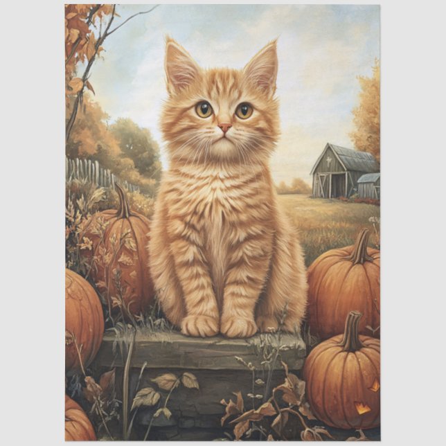 Papel De Seda Autumn Kitten com Pumpkins Decoupage (Frente )