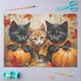 Papel De Seda Autumn Kittens Pumpkins e Foliage