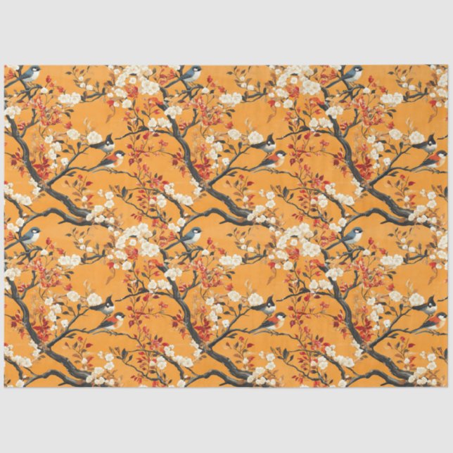 Papel De Seda Autumn Orange Floral Birds Chinoiserie (Frente )