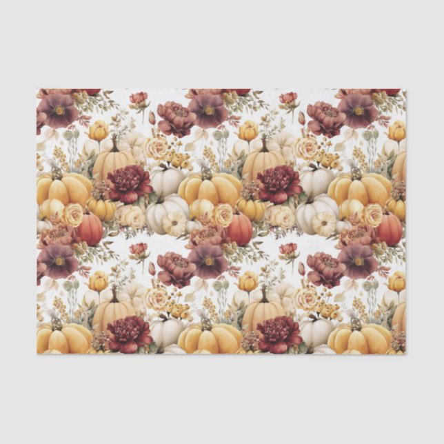 Papel De Seda Autumn Pumpkins and Flowers Fall Pattern Decoupage (Frente )