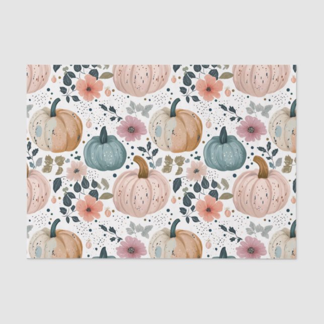 Papel De Seda Autumn Pumpkins and Flowers Fall Pattern Decoupage (Frente )