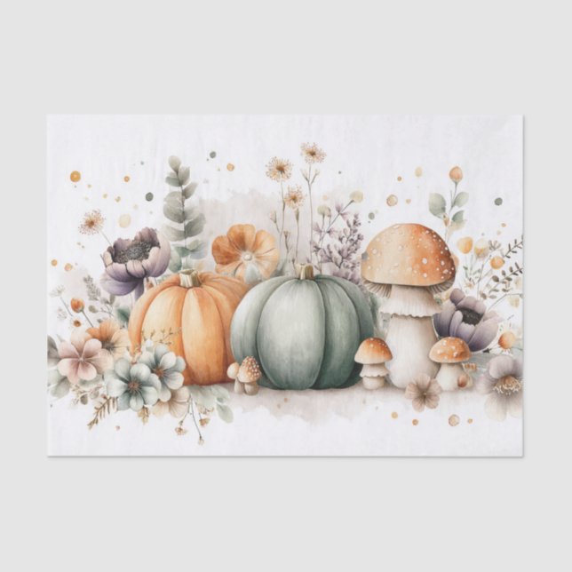 Papel De Seda Autumn Pumpkins and Flowers Fall Pattern Decoupage (Frente )