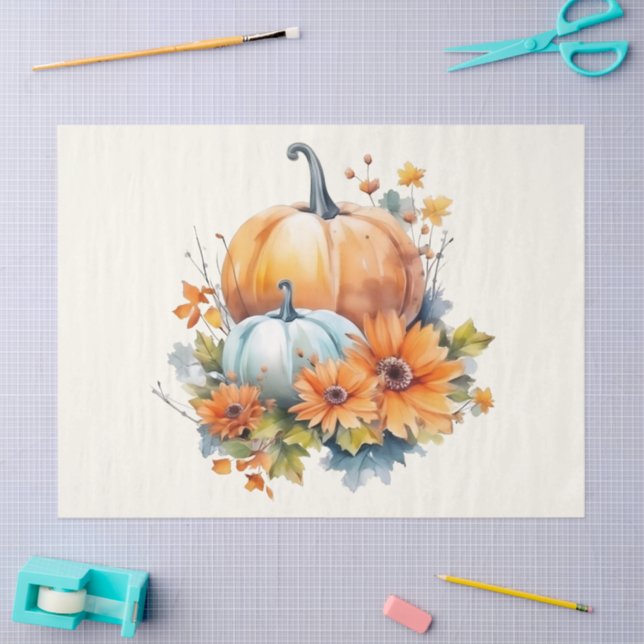 Papel De Seda Autumn Pumpkins com Flores e Folhagem (Arte )
