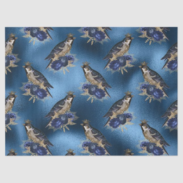 Papel De Seda Aves Cruzadas com Flores na Desnuvem Azul (Frente )