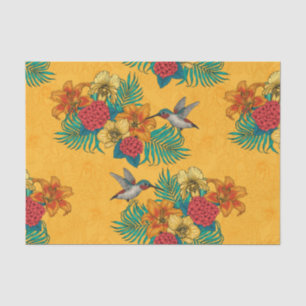 Papel De Seda Aves e buquês tropicais em amarelo