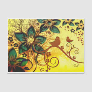 Papel De Seda Aves e Flores num Fundo Amarelo