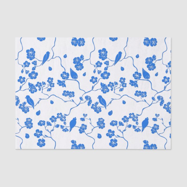 Papel De Seda Aves em Cherry Blossoms Blue Impressão (Frente )