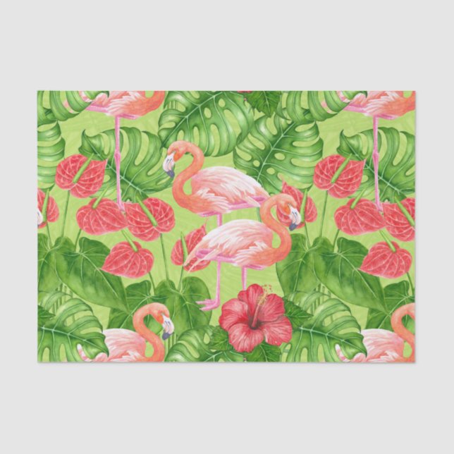 Papel De Seda Aves Flamingo e plantas tropicais (Frente )
