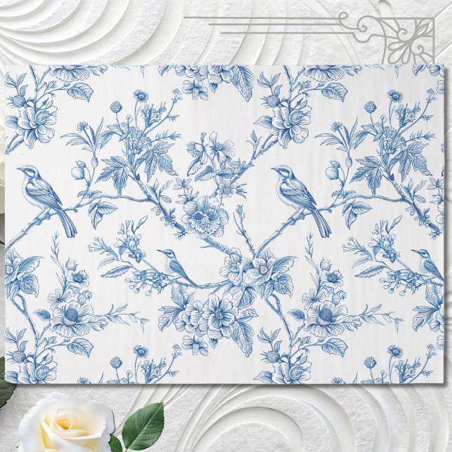 Papel De Seda Aves Florais de Chinoiserie Azul e Branca (Criador carregado)