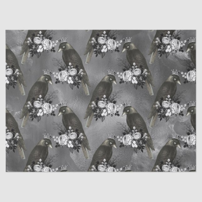 Papel De Seda Aves Negras e Flores Brancas em Cinzas (Frente )