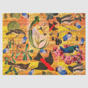 Papel De Seda AVES PRIMAVERA, PENAS, Notas de Música Floral FRU
