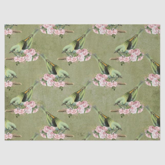 Papel De Seda Aves Verdes e Decoupage Floral Rosa (Frente )