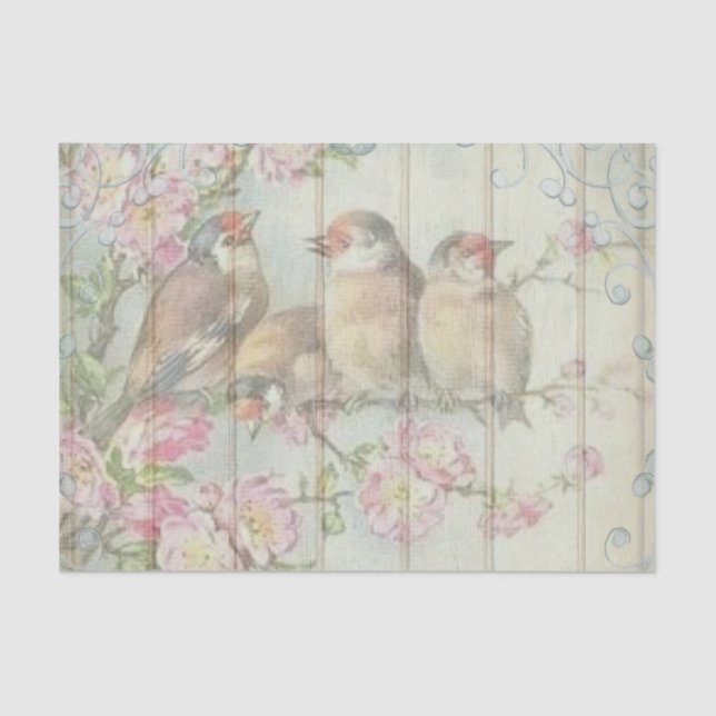 Papel De Seda Aves Vitorianas com Flores Rosa (Frente )