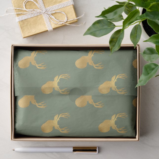 Papel De Seda Azeitona Rústica Verde Dourado Veado Natal (Presente)