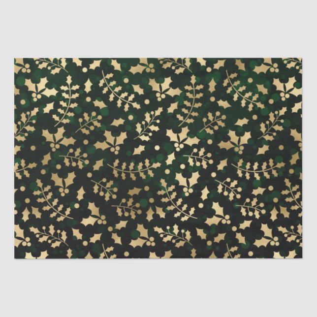 Papel De Seda Azevinho de Natal com Bokeh Verde e Folha de Ouro (Frente )