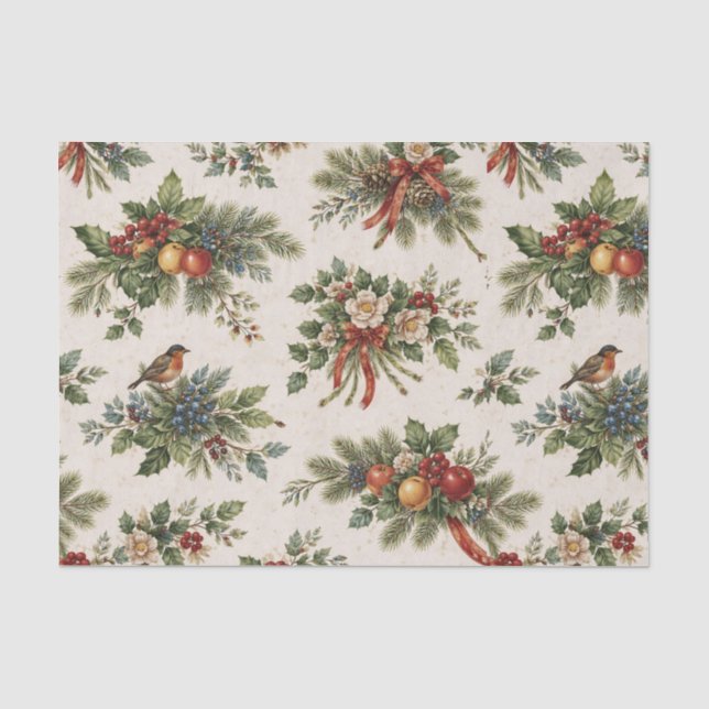 Papel De Seda Azevinho de Natal Tradicional e Frutas de Inverno (Frente )