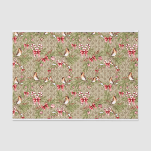 Papel De Seda Azevinho dos ramos do pinho do pássaro do Natal da (Frente )