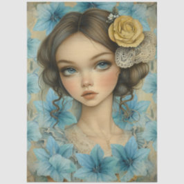 Papel De Seda Azuis Pastéis Florais & Menina com Flor no Cabelo