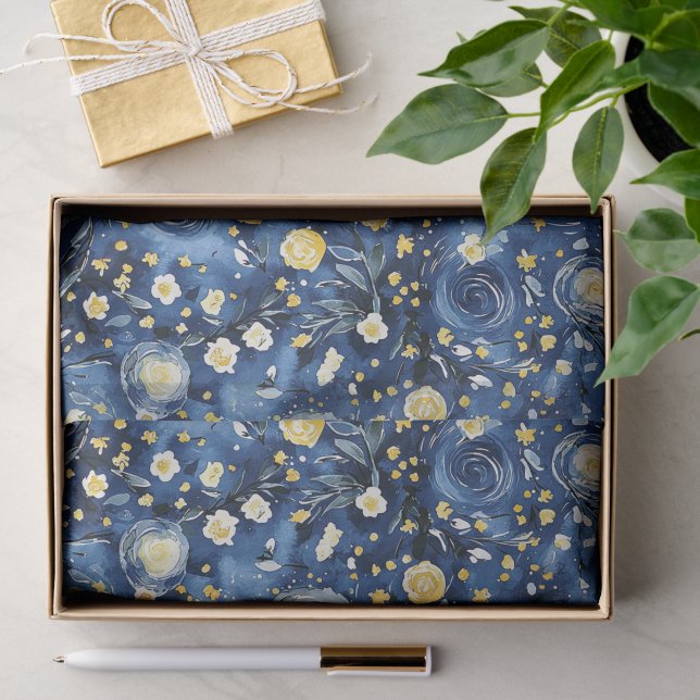 Papel De Seda Azul Amarelo Floral (Presente)