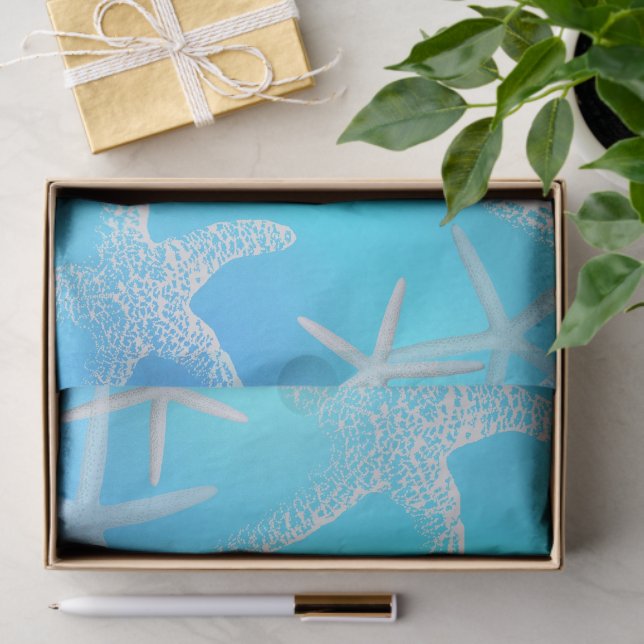 Papel de seda azul aqua com estrelas-do-mar (Presente)