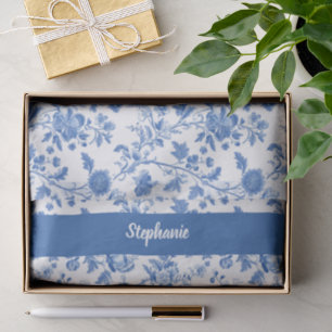 Papel De Seda Azul Branco Floral Personalizado Nome