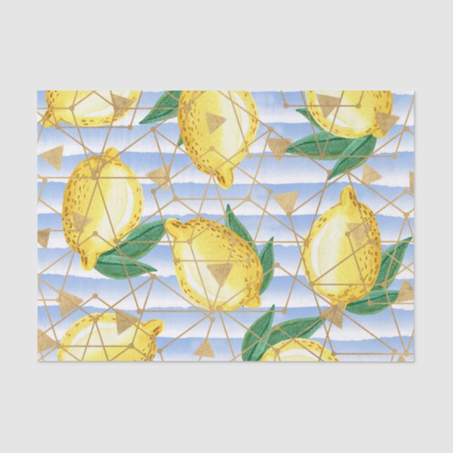 Papel De Seda Azul claro com padrão geométrico e limões (Frente )