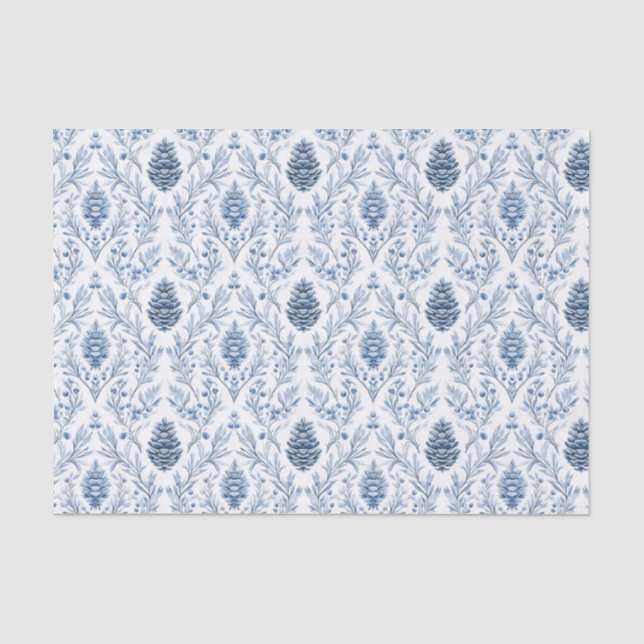 Papel De Seda Azul Claro e Damasco Branco com Pinhas (Frente )