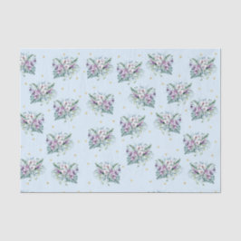 Papel De Seda Azul com Flores Roxas e pontos Dourados