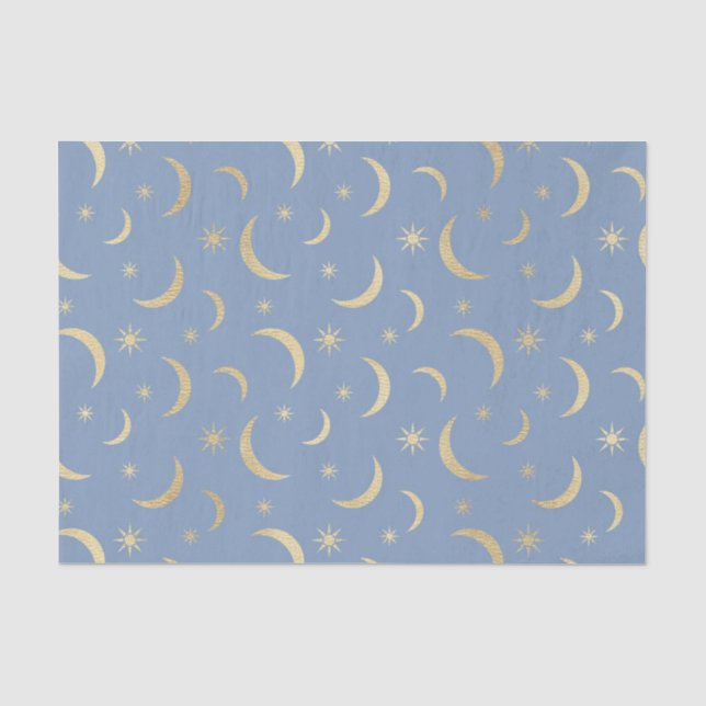 Papel De Seda Azul com Luas e Sóis Dourados (Frente )