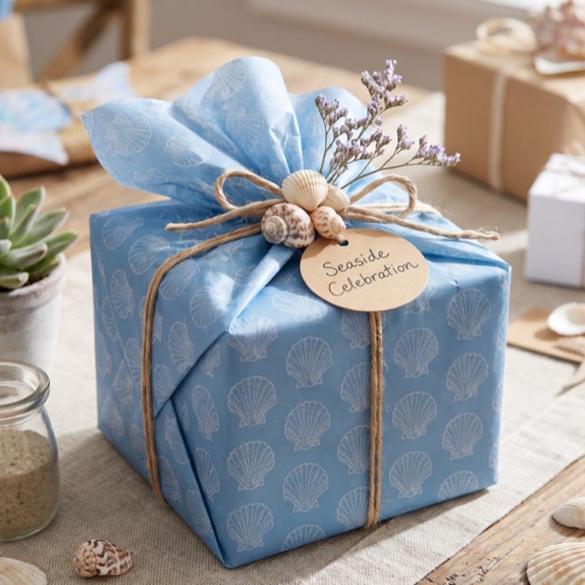 Papel De Seda Azul com Padrão de Conchas Marinhas Delicadas (Criador carregado)