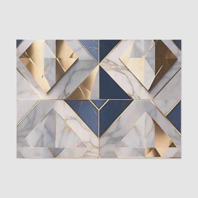 Papel De Seda Azul De Luxo E Mármore De Cinza Com Dourado (Frente )