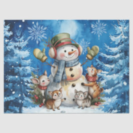 Papel De Seda Azul de Natal de Inverno Homem de Neve & Animais d