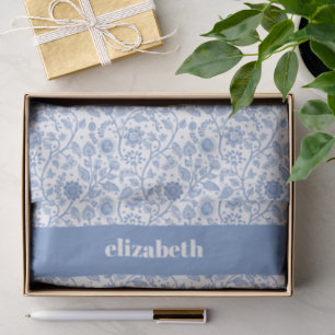 Papel De Seda Azul e Branco Floral Botânico Nome Personalizado M