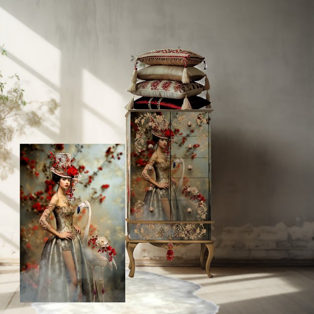 Papel De Seda Azul e vermelhos, Retrato e Flamingo (Fashionista & Flamingo, Vibrant Portrait Art. Light Silver Blue & Red Blossom, Digital Mixed Media.)