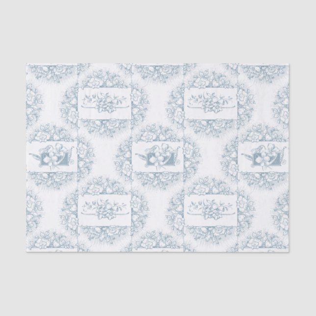 Papel De Seda Azul Elegante e Floral Branco Gravado (Frente )