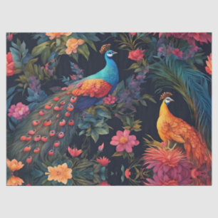 Papel De Seda Azul Elegante e Pavão Dourado no Jardim Colorido
