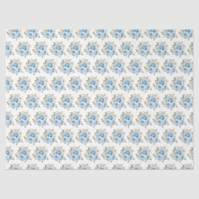 Papel De Seda Azul Empoeirado Flores Elegantes Prata (Frente )