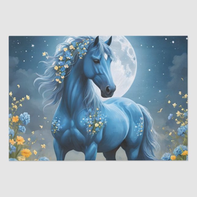Papel De Seda Azul Fantasia Flores de Lua de Cavalo Mágico, (Frente )