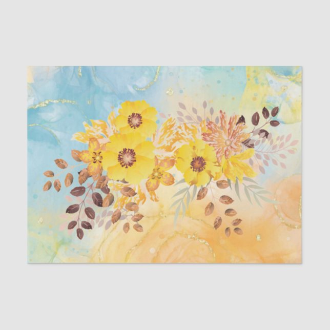 Papel De Seda Azul-Flor Amarelo, Marble, Decoupage Ti (Frente )