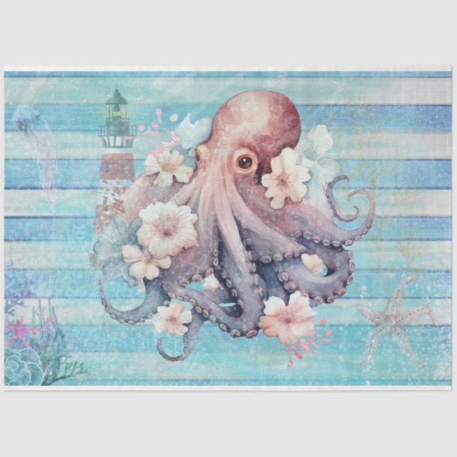 Papel De Seda Azul Floral Octopus Decoupage Paper: Náutico (Frente )